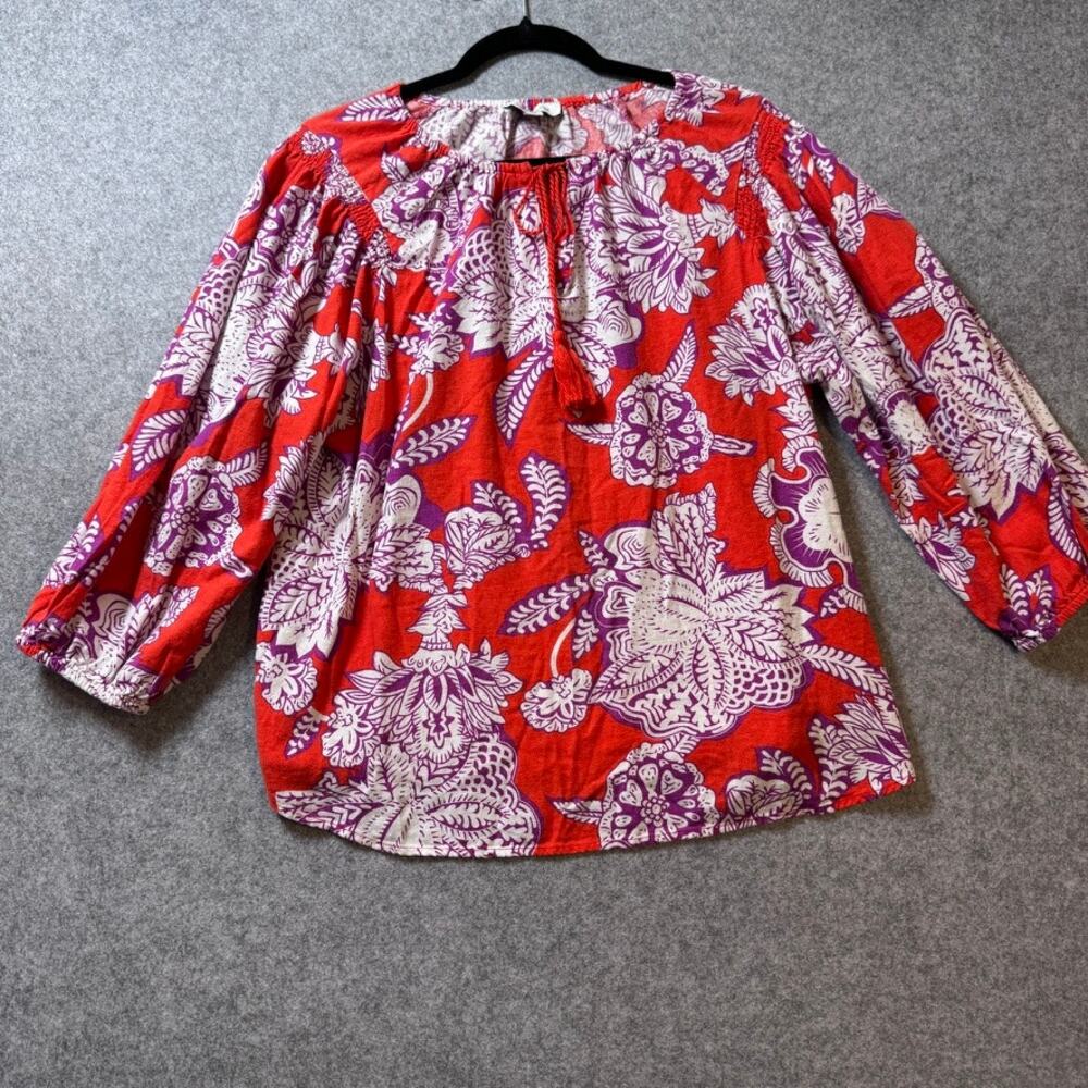 Calligraphie 1X Linen Blend Floral Peasant Top Orange Purple Boho Plus